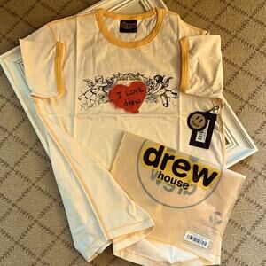 drewhouse Cream and yellow short sleeve ringer T-shirt w 2 cherubs, heart NWT L
